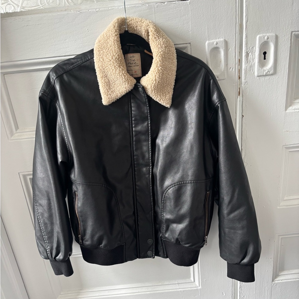 Black Leather Jacket with Cream Shearling Collar